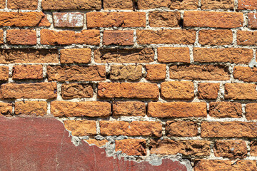 Old, weathered brick wall with a rough texture