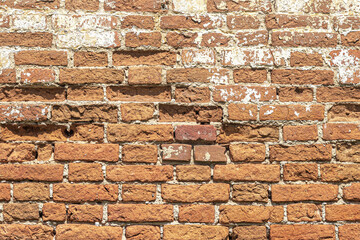 Weathered texture of an old red-brown brick wall background
