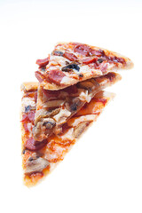 Hunting pizza with sausages, mushrooms and cheese sauce