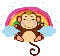 Cute king monkey with rainbow and clouds
