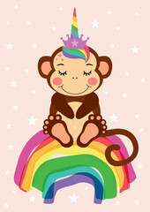 Obraz na płótnie Canvas Greeting card with cute unicorn monkey sitting on rainbow 