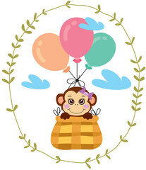 Illustration with monkey flying in basket with balloons inside a oval leaves border
