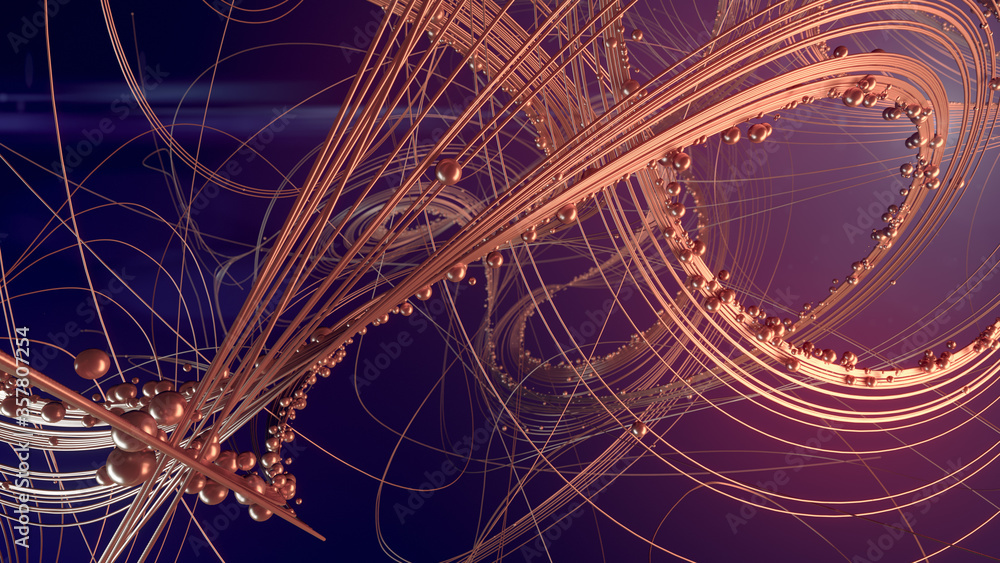 Poster Weave luxury gold lines with shiny beads. Astract composition. 3d rendering