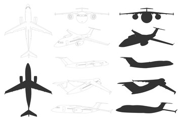 Airplane vector black and line silhouettes set isolated on a white background.