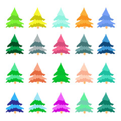 Set of colorful bright and pastel Christmas trees: red, coral, blue, gray, yellow, orange, turquoise. Vector stock illustration isolated on white  for winter holidays design and for textiles.