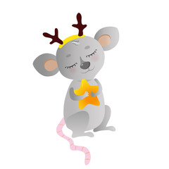 A small charming rat with a rim of deer horns on its head holds an asterisk in its paws. Stock vector illustration isolated on white background. For New Year congratulations.