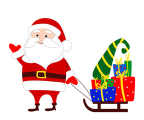 Santa Claus carries a lot of gifts on a sled and has a fun wave. Vector stock illustration isolated on white background for Christmas website design, social networks.