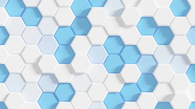 Abstract Honeycomb Geometry Loop 1 Blue x White: grid pattern of white and blue hexagons. Random moving array of hexagons. 3D animation. Abstract hexagonal background. Seamless loop. 4K
