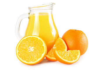 orange juice with sliced orange isolated on white background. juice in jug