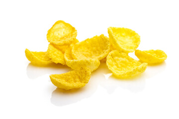 Cereals breakfast. Healthy Superfood corn flakes isolated on white background. Healthy eating, dieting and detoxication concept, space for text. Macro close-up shot.