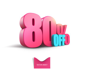 Bright pink, voluminous 3D inscription: 80% OFF, vector on white background. Element for design discounts, design, sales, web.