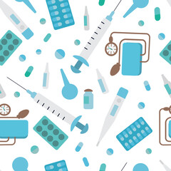 Medical seamless pattern.Medical supplies: pressure measuring device, tablets, pills, thermometer, syringe, enema, ampoules isolated on a white background.Trendy colors.Flat style vector illustration.