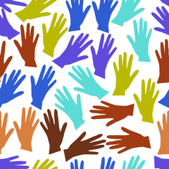 Seamless pattern of colored nitrile gloves. Vector pattern of colored hands. Background of protective gloves in different colors. Vector illustration in flat style.