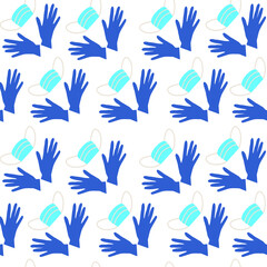 Medical pattern. Seamless pattern of protective masks and nitrile gloves. Accessories for protection against coronavirus.Vector flat illustration isolated on white background. Pharmacy. COVID-2019