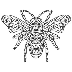 Vector coloring bee with wings with small patterns. Coloring book black and white zentagl patterns small patterns. Honey, striped bee, apiary logo, farm logo, a symbol of hard work