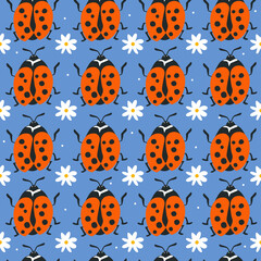 Seamless pattern, ladybugs and flowers, hand drawn overlapping backdrop. Colorful background vector. Cute illustration, insects. Decorative wallpaper, good for printing