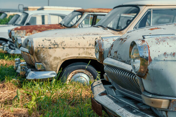 Old retro rusty abandoned cars in high green grass, cemetery of vintage autos.