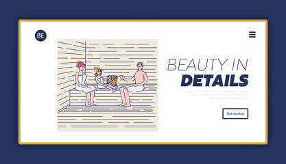 Landing page for spa center with family bathing in sauna. Parents and child enjoy spa procedure