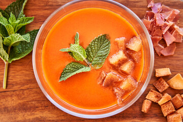 Top view of a gazpacho plate. Healthy food concept and Mediterranean diet.