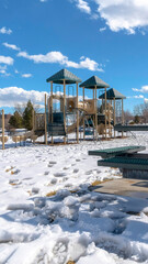 Vertical crop Playground and picnic table with footprints on the snow covered ground in winter
