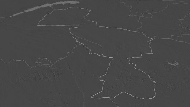 Midlands, province with its capital, zoomed and extruded on the bilevel map of Zimbabwe in the conformal Stereographic projection. Animation 3D
