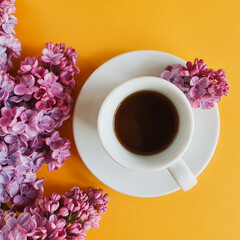 Obraz na płótnie Canvas Morning coffee in a white cup with fragrant lilac flowers on a yellow cheerful background. Aroma concept, good morning. Square photo, top view, flat lay lifestyle.