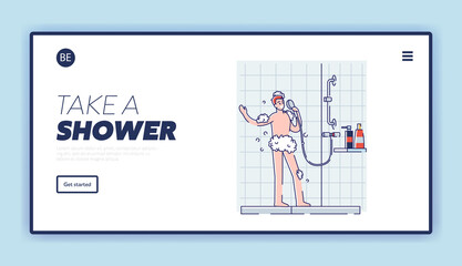 Man sing in shower white bathing in bathroom. Happy guy in foam using shower as microphone