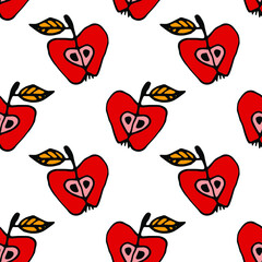 Vector seamless pattern of apples in doodle style on a white background. For the design of wrapping paper, fabric, packages.