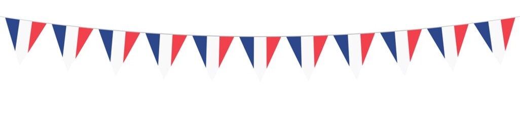 French National Holiday. French Flags with stripes and national colors. Tricolor.  14th July. Banner. Garlands. Pennants. - obrazy, fototapety, plakaty