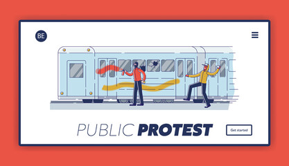 Public protest landing page with vandals damaging subway train. Street vandalism concept - obrazy, fototapety, plakaty