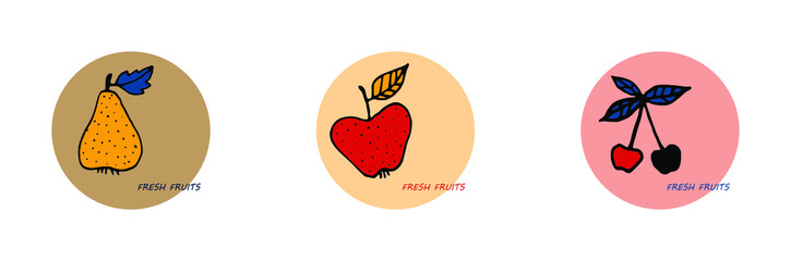 Vector set of fresh fruits, pear, apple, cherry cards.