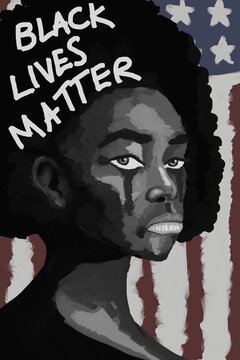 black lives matter banner poster campaign. painting of black people with white tear, black people cry illustration with America flag at background.