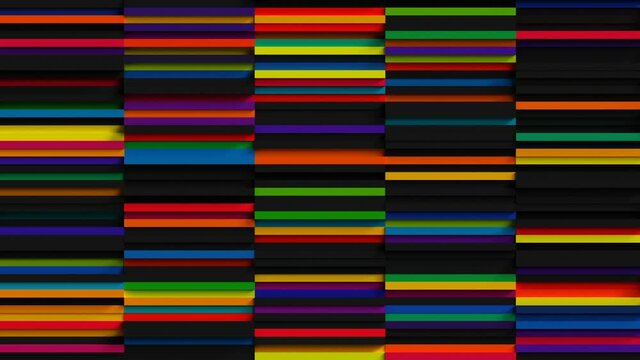 Colorful Stripes Loop 1 Multicolor 3: many thin rectangles pattern moving fast and changing color. Black rectangles and rainbow color rectangles. Dark colorful background. Seamless loop. 4K