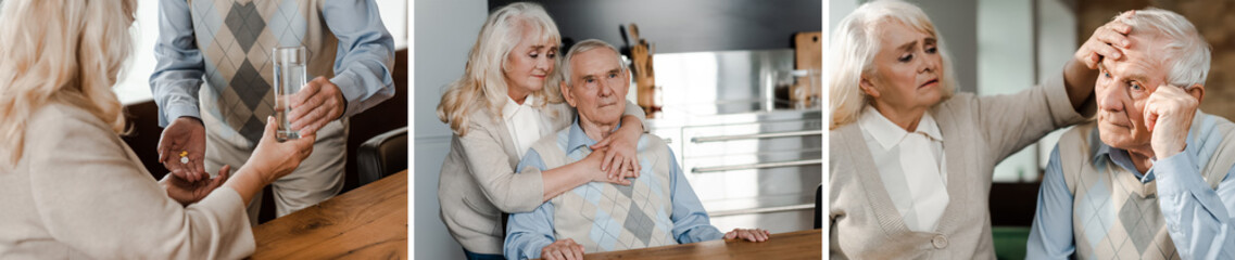 collage with ill elderly couple sitting at home on self isolation, panoramic orientation