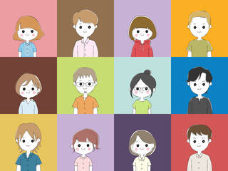 正面を向いた笑顔の若い男女12人　カラフルな背景のセット