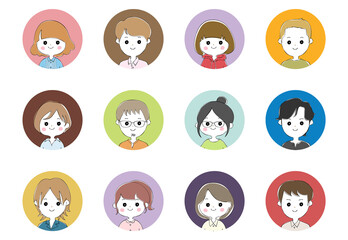 正面を向いた笑顔の若い男女12人　円形のカラフルな背景のセット