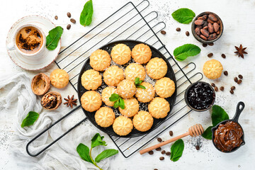 Sweet coconut cookies. Sweets. Top view, free copy space.