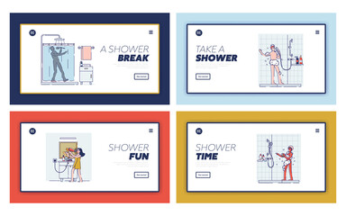 Set of landing pages templates with happy people singing in bathroom. Cartoons taking shower or bath
