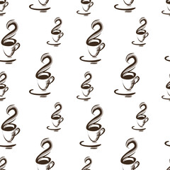 Seamless pattern of stylized hand-drawn coffee cups isolated on a white. Ornamental coffee texture for your design. 