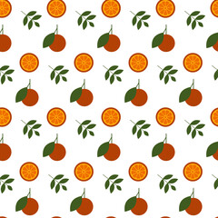 Seamless vector pattern with  oranges and leaf motif on white background. Repeat pattern with citrus fruit perfect for wrapping paper, fabric, textile, packaging design and much more