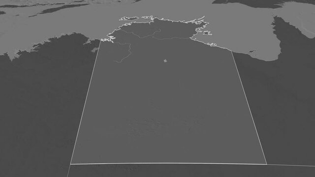 Northern Territory, territory with its capital, zoomed and extruded on the bilevel map of Australia in the conformal Stereographic projection. Animation 3D