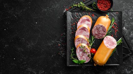 Boiled sausage for sandwiches. Breakfast. Top view. Free space for text. © Yaruniv-Studio