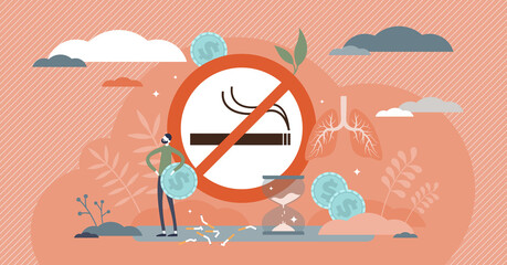 Quit smoking vector illustration. Cigarettes addiction tiny persons concept © VectorMine