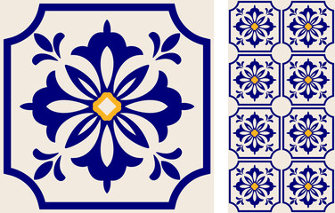 Seamless Azulejo tile. Portuguese and Spain decor. Islam, Arabic, Indian, Ottoman motif. Vector Hand drawn background - 357814653
