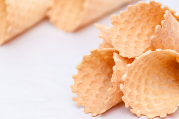 Waffle ice cream homemade cones. Sweet, summer concept, copy space.