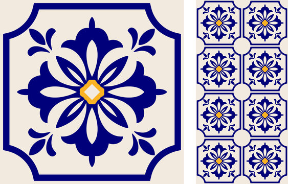 Seamless Azulejo tile. Portuguese and Spain decor. Islam, Arabic, Indian, Ottoman motif. Vector Hand drawn background