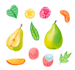 Watercolor set of juicy fruits.Pear,lychee,raspberry, bits of banana,mango and leaves.Clip art food illustration on a white isolated background.Design for menu,card,store,print,packaging.