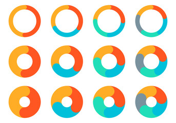 Pie chart set. Circle diagram design. Circular graph with 2, 3, 4, 5 steps for business presentation. Progress wheel infographic template. Vector illustration.
