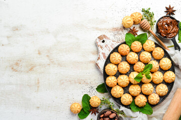 Mini shortbread cookies for coffee. Top view, free copy space.