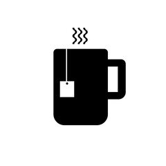 Icon of hot tea in a mug. Tea from a bag. Black and white vector illustration